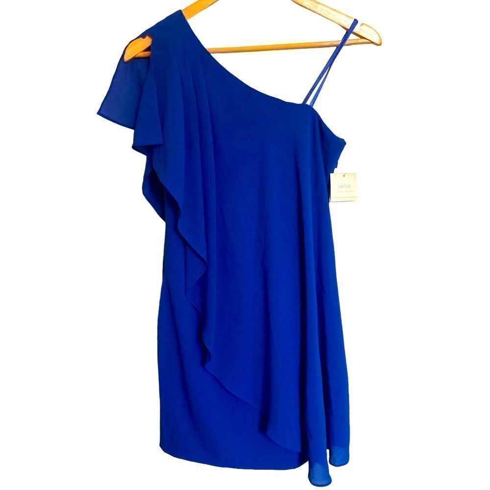 NWT Aidan Mattox One-Shoulder Royal Blue Ruffle Cocktail Dress Size 2